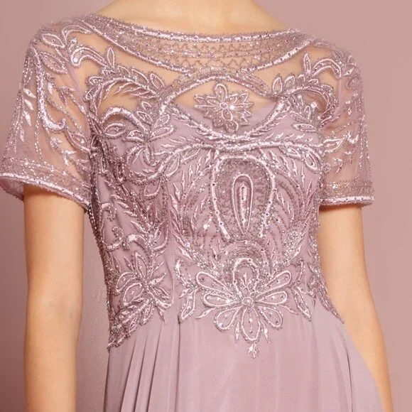 NEW LONG CHIFFON A-LINE DRESS WITH CAP SLEEVES EMBROIDERED WITH LACE GL2683 - Picture 4 of 13
